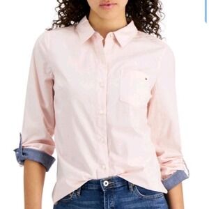 Tommy Hilfiger Women's Cotton‎ Roll-Tab Button-Up Shirt Pink Size XS